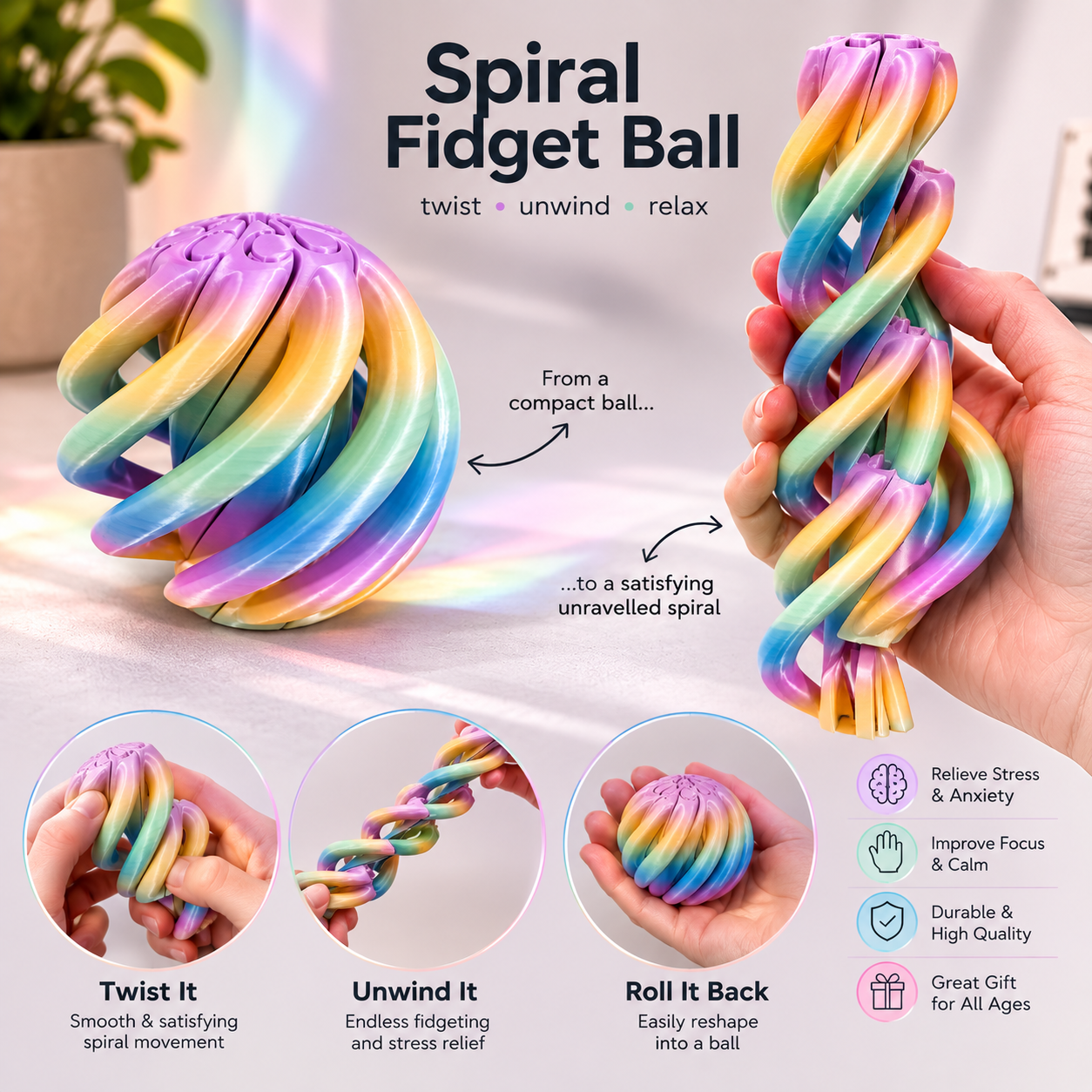Spiral Fidget Ball – 3D Printed Sensory Stress Relief Toy